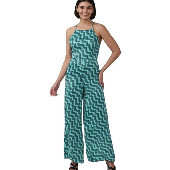 Green and Blue Wave Pattern Jumpsuit Halter Strappy Silky Size Small Forever 21 - Picture 1 of 13